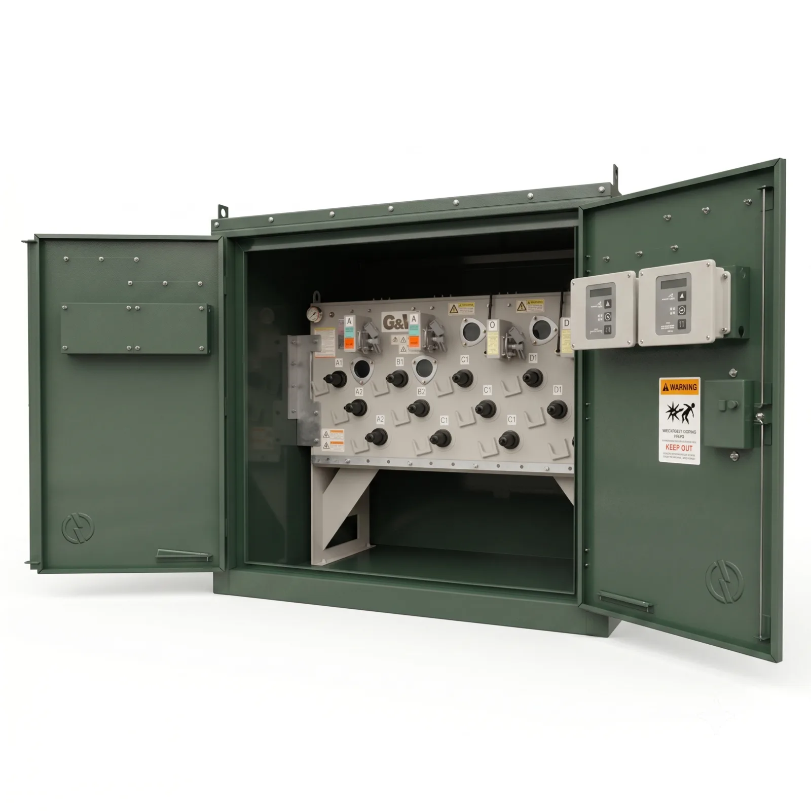 Gabinete de seccionador de pedestal SF6 G&W con puertas abiertas